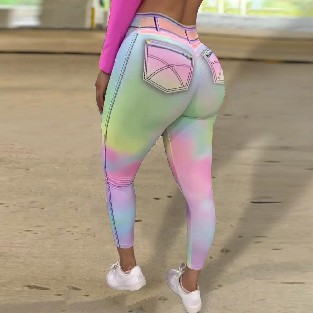 Tie-dyed Colorful Women's Imitation Denim Plus Size Sexy Sports Yoga Pants
